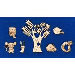 Zwierzątka leśne  4x4 cm , duże drzewo   10x8,5cm  ,   ( komplet 7 sztuk )